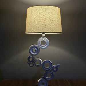automotive gear table lamp made from upcycled automotive transmission parts. Perfect gift for car enthusiasts by Desi Forge Co.